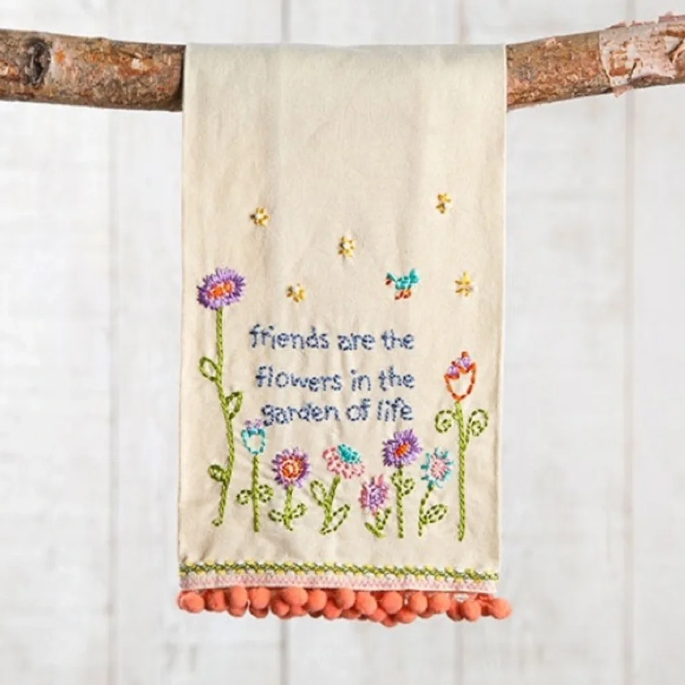 NATURAL LIFE Linen Hand Towel with Colorful Floral Embroidery and Pink Pom Trim